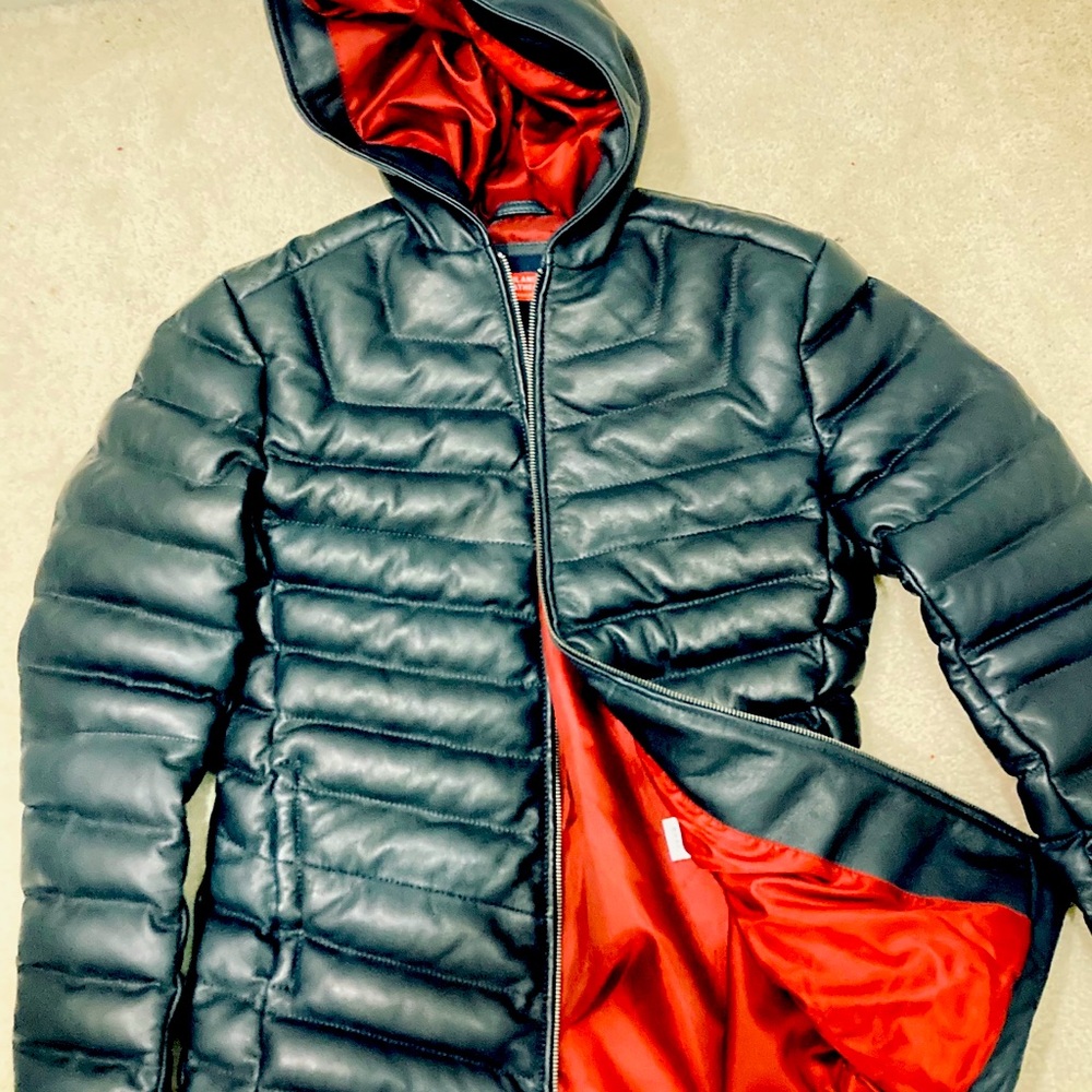 Puffer Dark Navy Blue Smooth Leather Jacket